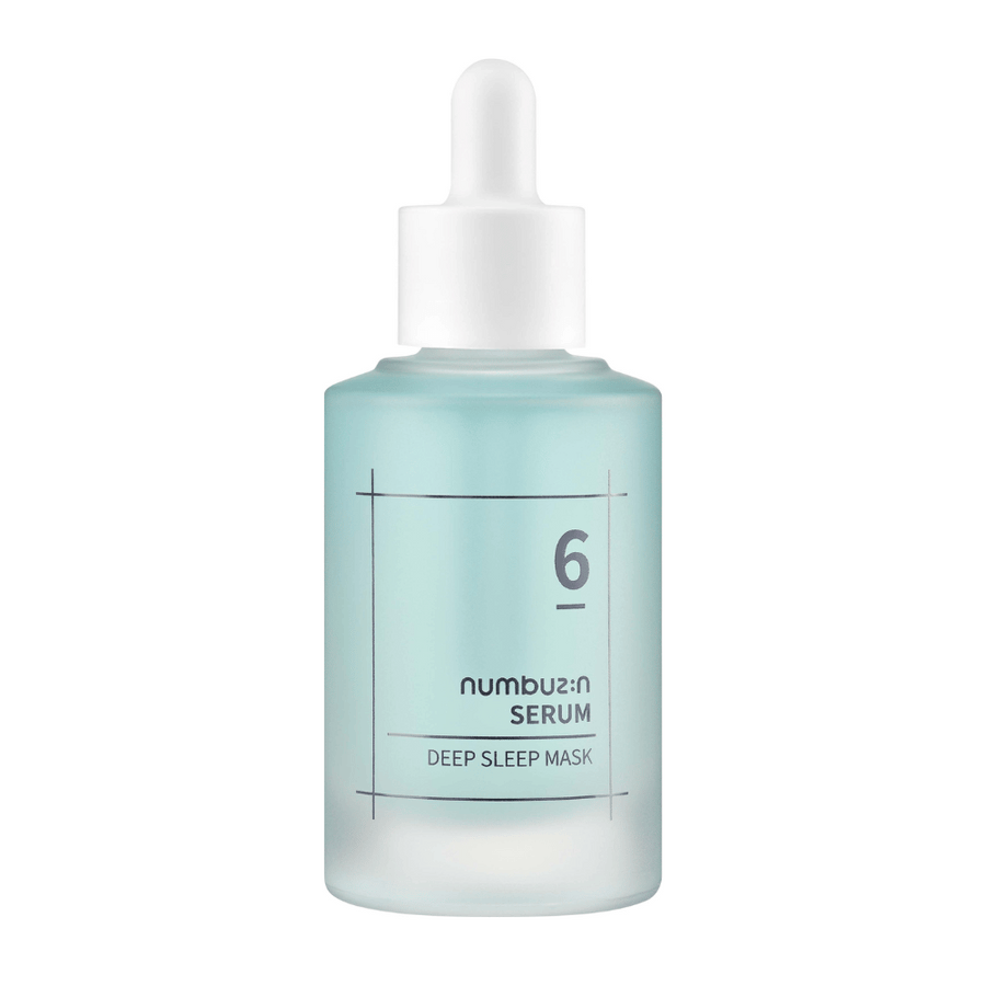 numbuzin No. 6 Deep Sleep Mask Serum i blå frostad flaska med pipett, designad för djupt återfuktande hudvård.