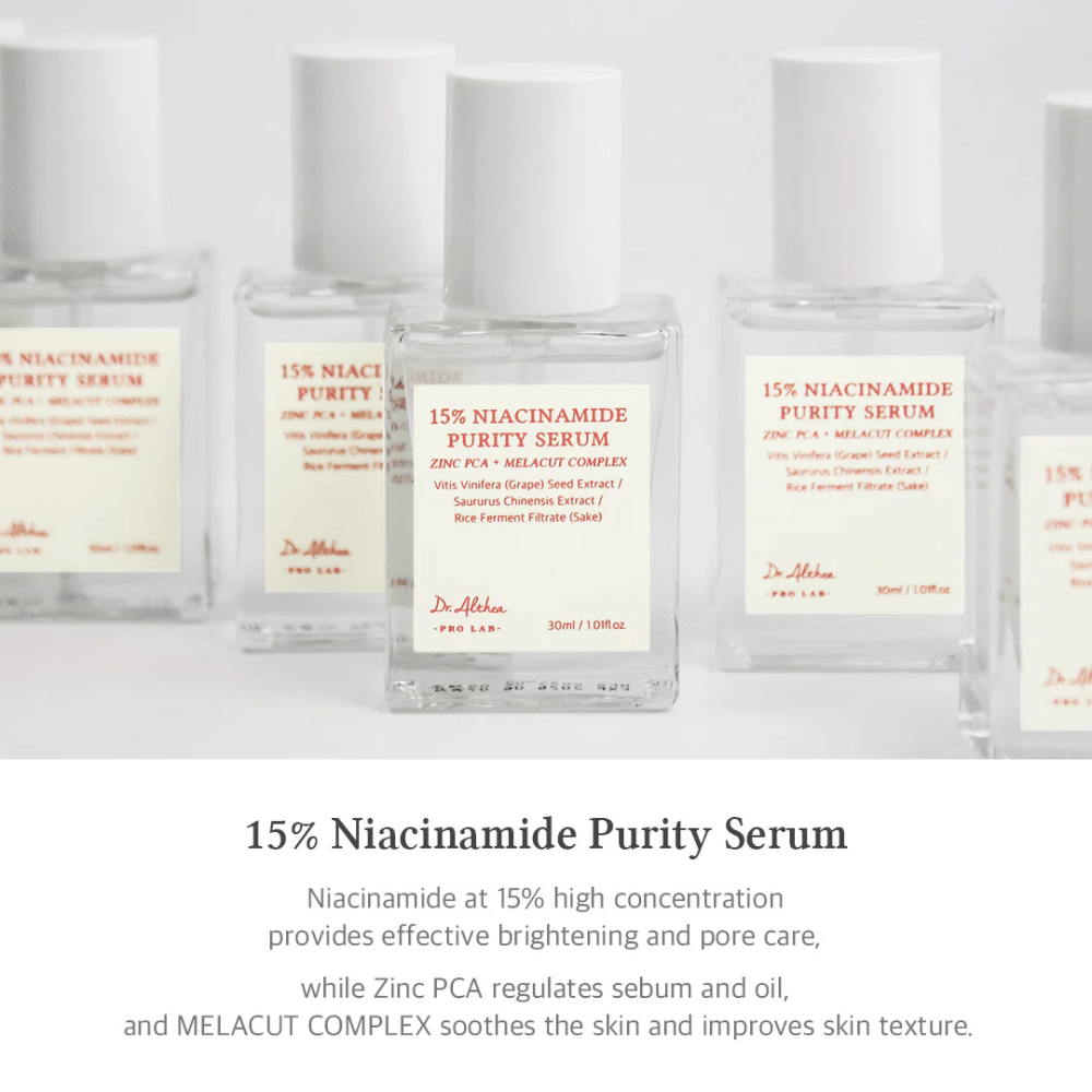 Dr. Althea 15% Niacinamide Purity Serum with a high concentration of niacinamide for brighter skin and pore reduction. Contains Zinc PCA for sebum regulation and MELACUT COMPLEX to soothe the skin and improve texture. Elegant packaging for a professional impression.