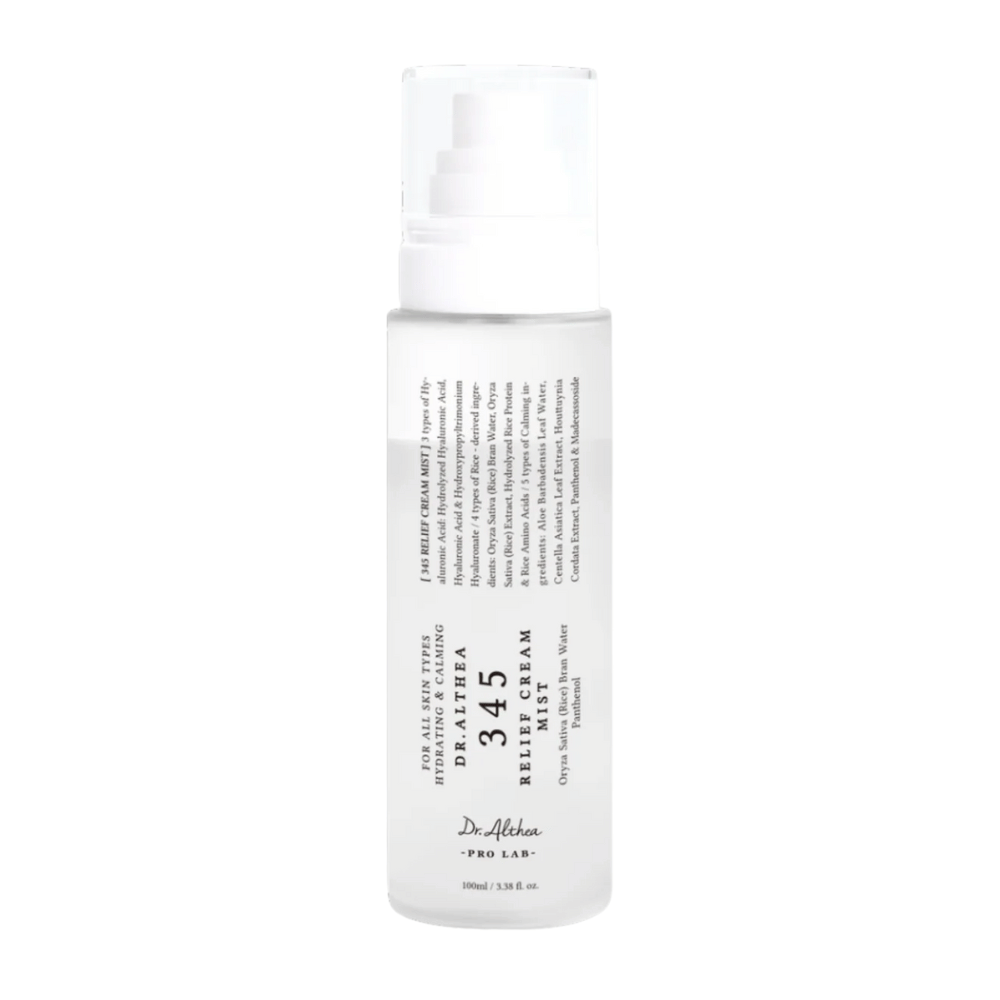 Dr. Althea 345 Relief Cream Mist on a white background, a light facial mist with a two-phase formula that hydrates, soothes, and strengthens the skin throughout the day.
