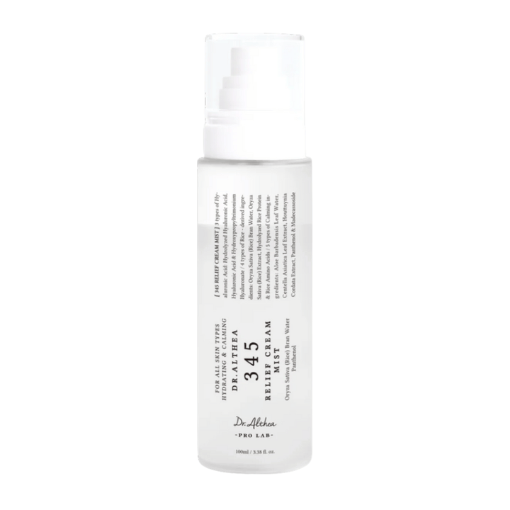 Dr. Althea 345 Relief Cream Mist on a white background, a light facial mist with a two-phase formula that hydrates, soothes, and strengthens the skin throughout the day.