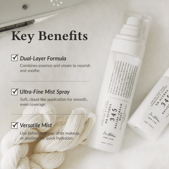 Dr. Althea 345 Relief Cream Mist focusing on benefits such as double-layer formula, ultra-fine mist, and versatile use for quick and even hydration.