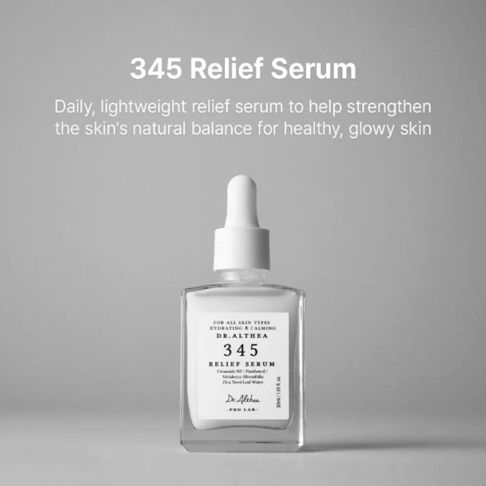 Dr. Althea 345 Relief Serum 30 ml – lightweight moisturizing serum for sensitive skin with ceramides, panthenol, and tea tree water.