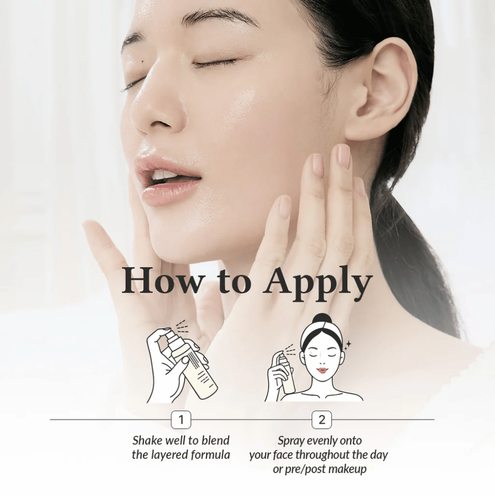 How to apply Dr. Althea 345 Relief Cream Mist, where the model sprays the face for even hydration before and after makeup with a finely distributed mist.