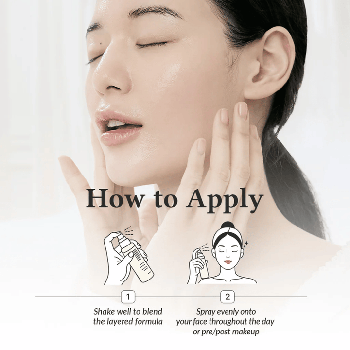 How to apply Dr. Althea 345 Relief Cream Mist, where the model sprays the face for even hydration before and after makeup with a finely distributed mist.