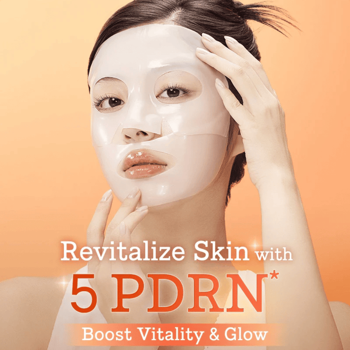 COSRX 5 PDRN Hyaluronic Acid Vital Hydrating Hydrogel Mask applied on the face for revitalized skin, increased radiance, and intensive hydration