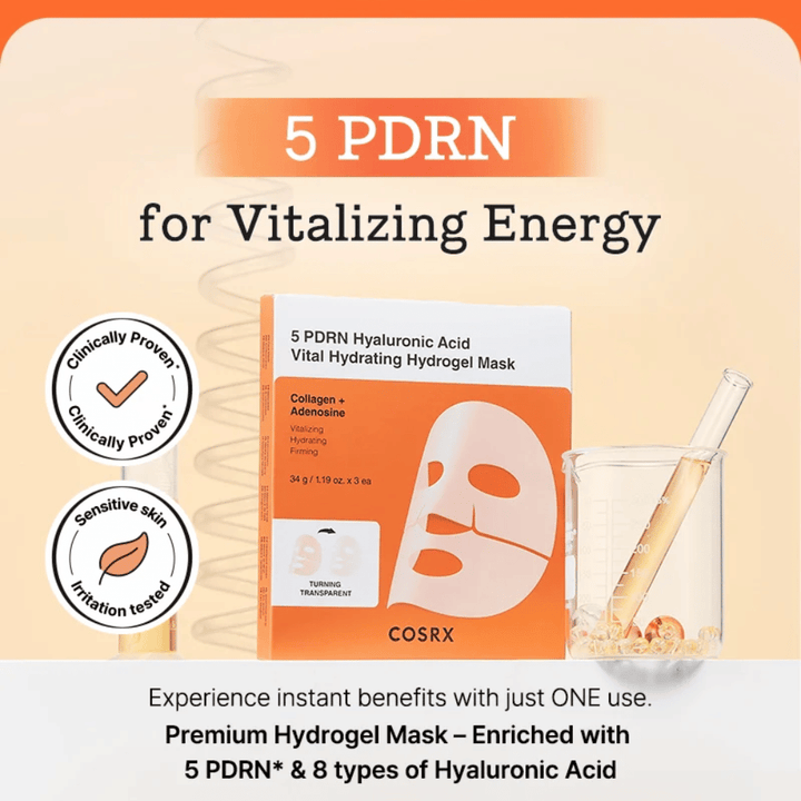 COSRX 5 PDRN Vital Hydrating Hydrogel Mask with hyaluronic acid and collagen, clinically tested for glow, firmer skin, and improved skin barrier