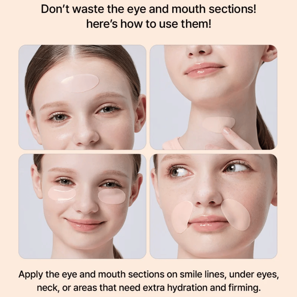 COSRX 5 PDRN Hydrogel Mask application under eyes, on neck, and around mouth for extra hydration, firming, and reduced fine lines