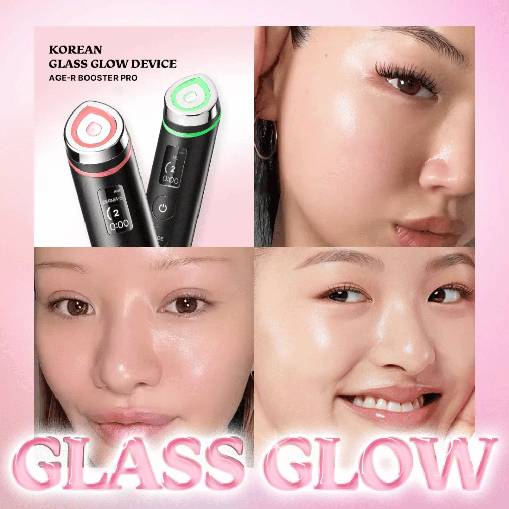 Four images show close-ups of smooth, glossy skin after using Medicube Age-R Booster Pro, marketed as a "Korean Glass Glow Device". The product is highlighted for providing glossy and even skin, called "Glass Glow."