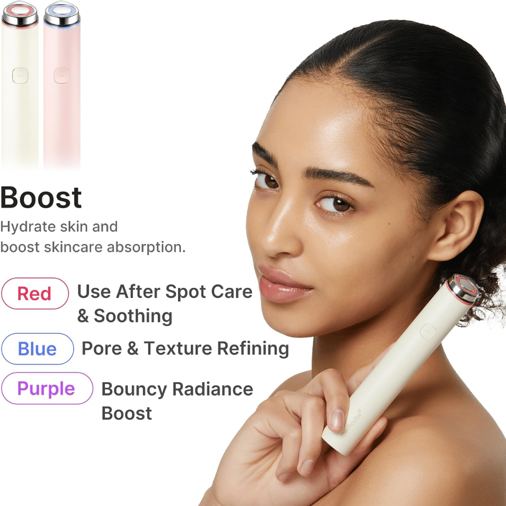 medicube AGE-R Booster Pro Mini Plus LED skincare device with color modes for improved absorption of skincare products
