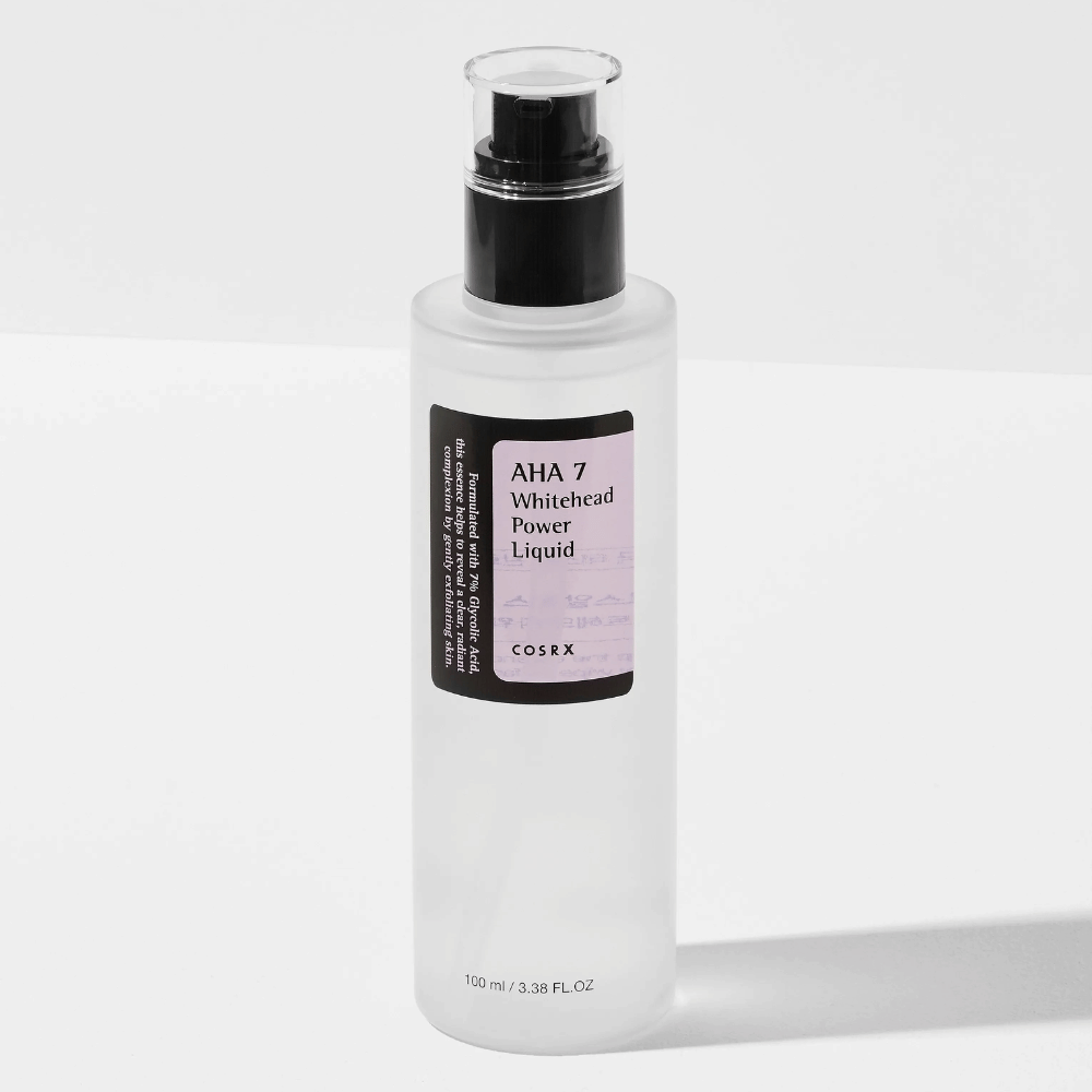 COSRX AHA 7 Whitehead Power Liquid 100 ml, chemical exfoliator with glycolic acid that exfoliates, reduces blackheads, and provides clearer skin.