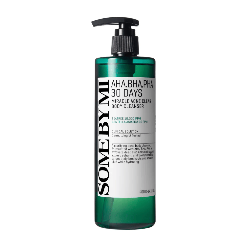 Bottle with SOME BY MI AHA.BHA.PHA 30 Days Miracle Acne Clear Body Cleanser. The bottle is green with a black pump and a white label describing the product's ingredients and functions, including AHA, BHA, and PHA for exfoliation and acne treatment. The background is white.