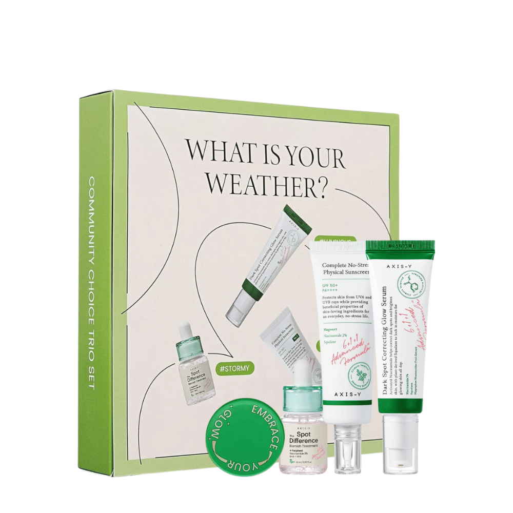 AXIS-Y "What is your weather?" Skincare kit in green packaging includes five products: sunscreen, moisturizing cream, serum, treatment gel, and face mask, tailored for different skin types and climates.