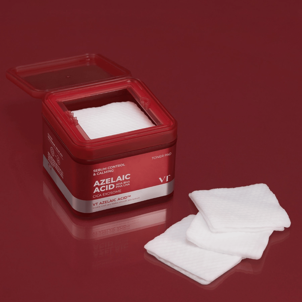 VT Azelaic Acid Toner Pad – exfoliating and soothing pads with AHA, BHA, PHA, and LHA for balanced, clear skin.