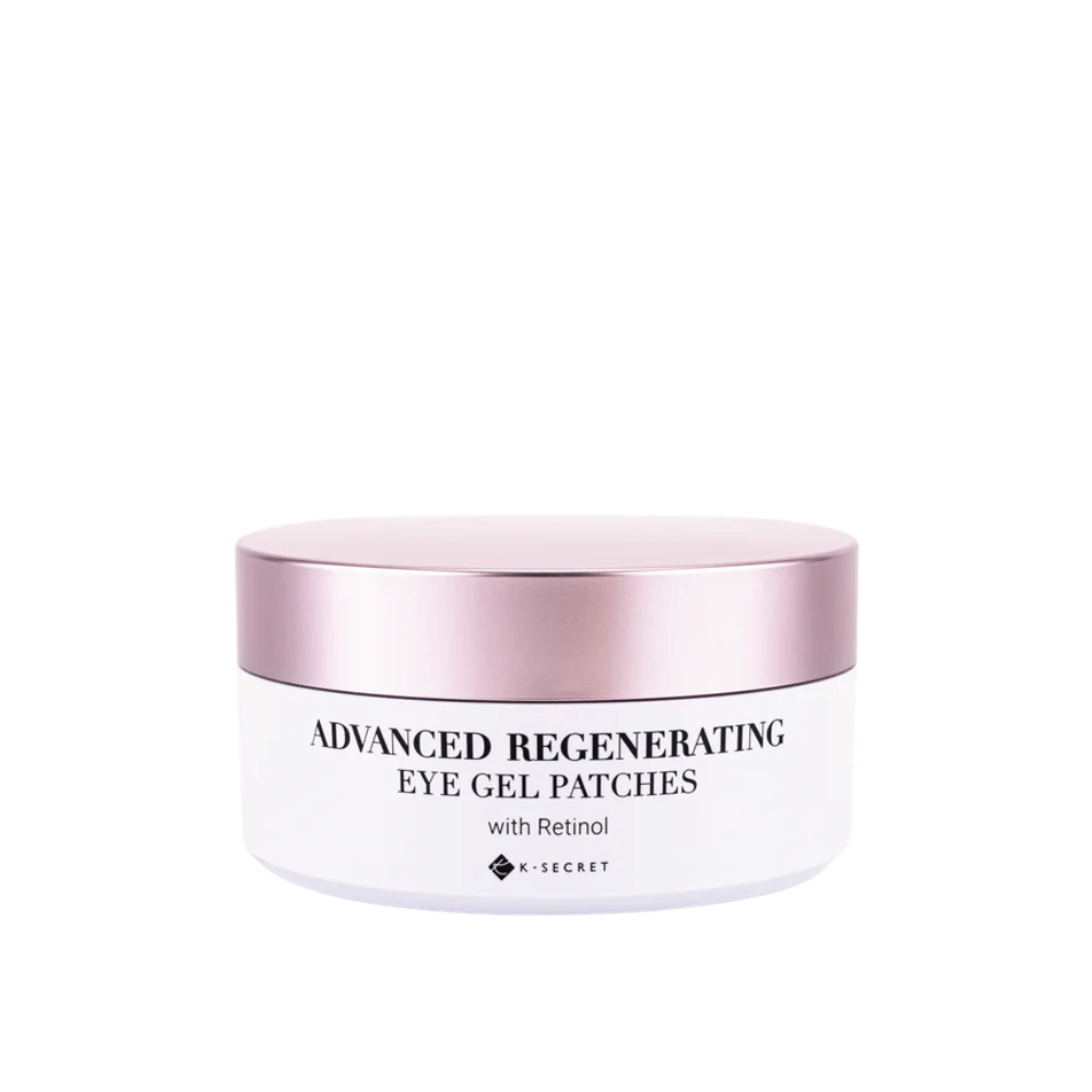 Jar of K-Secret Advanced Regenerating Eye Gel Patches with retinol and pink lid.