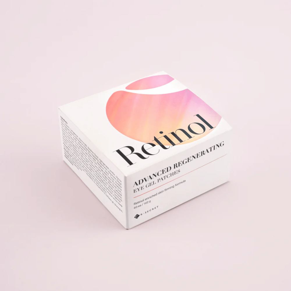 Packaging of K-Secret Advanced Regenerating Eye Gel Patches with retinol in white and pink design.