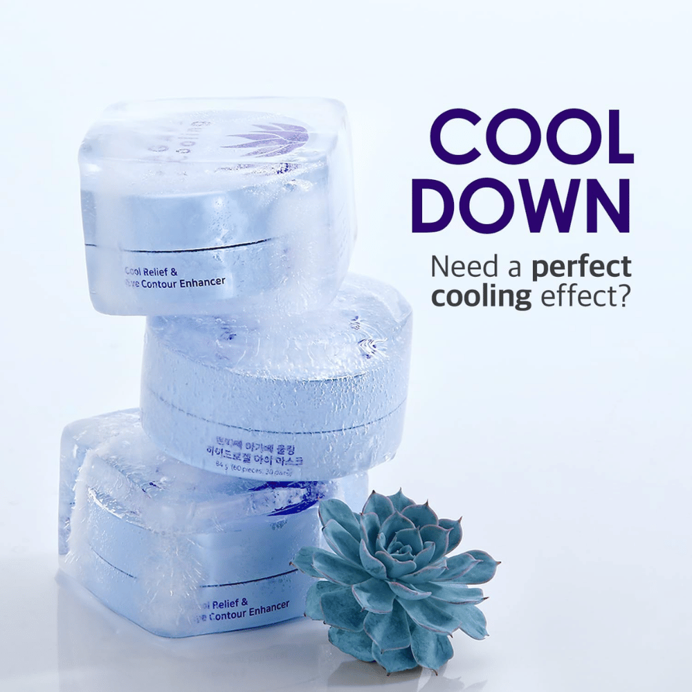 Promotional image of PETITFEE Agave Cooling Hydrogel Eye Mask with an icy and cooling theme. The image highlights the product’s cooling effect and fresh feeling for tired eyes.