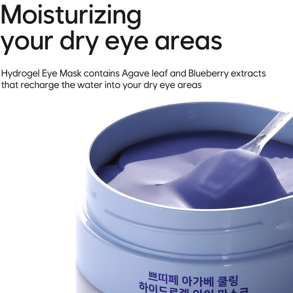 Product image of Agave Cooling Hydrogel Eye Mask with a focus on moisturizing dry areas around the eyes. The image shows the hydrogel formula and the included spatula.