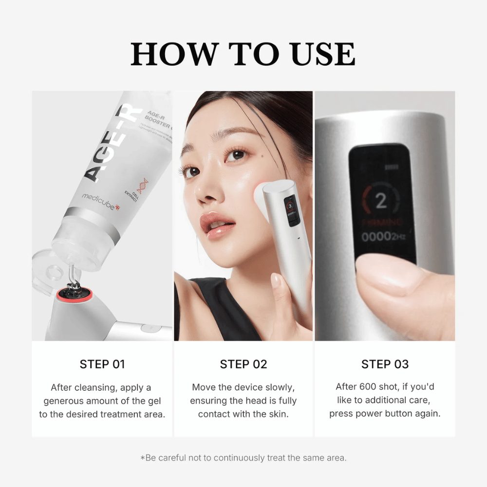 Instructional image in three steps showing how to use Medicube Age-R High Focus Shot with accompanying gel on the face.