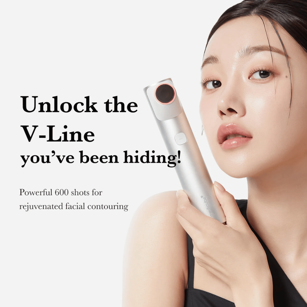 Woman holding Medicube Age-R High Focus Shot close to her face with the text "Unlock the V-Line you’ve been hiding!" in the background.