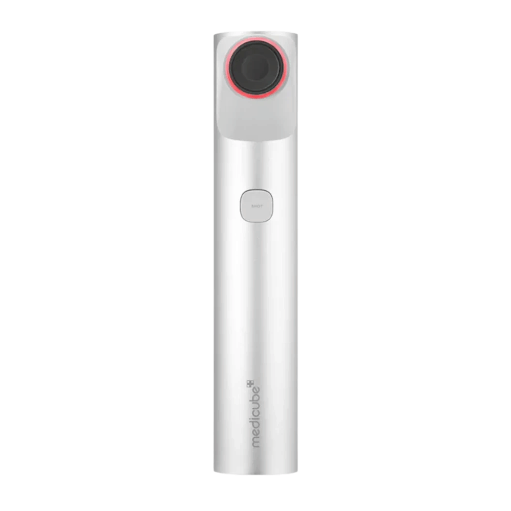 Medicube Age-R High Focus Shot in silver color with black applicator and red ring, designed for high precision skin treatment.