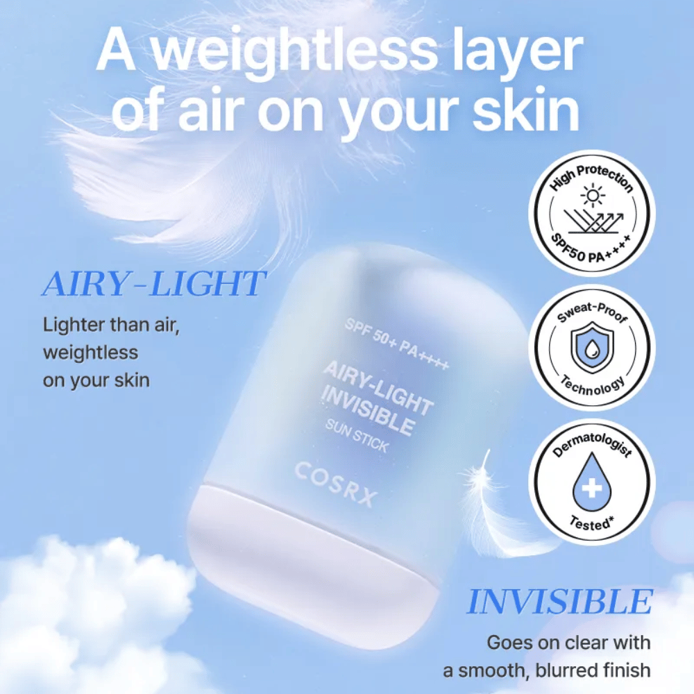 COSRX Airy-Light Invisible Sun Stick – ultra-light sun protection with SPF 50+ and PA++++, provides a weightless, invisible finish.