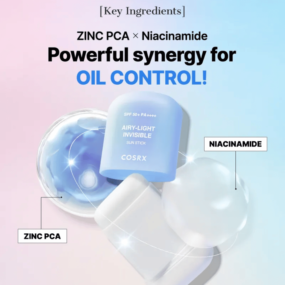 Key ingredients in COSRX Airy-Light Invisible Sun Stick – Zinc PCA and Niacinamide for effective sebum control and clear skin.