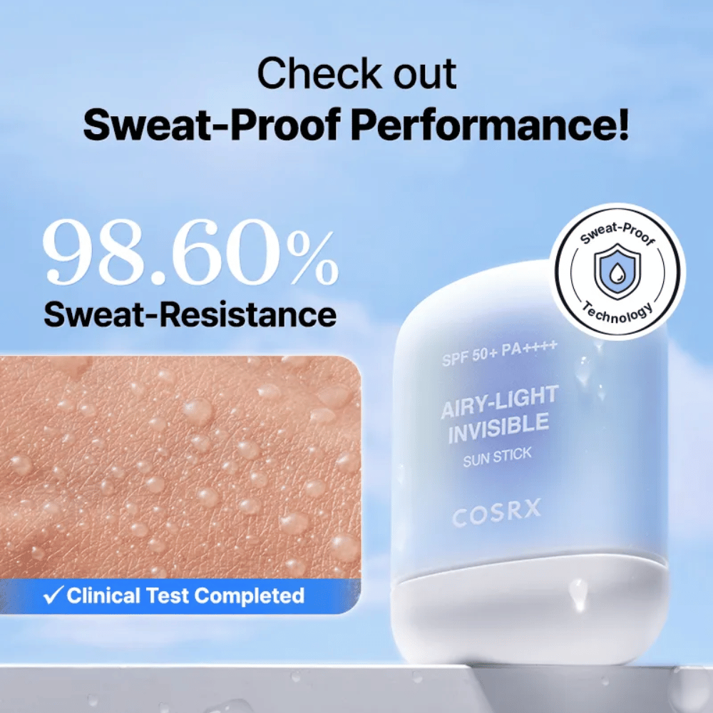 COSRX Airy-Light Invisible Sun Stick with 98.6% sweat resistance – proven sweat-proof technology for long-lasting protection.