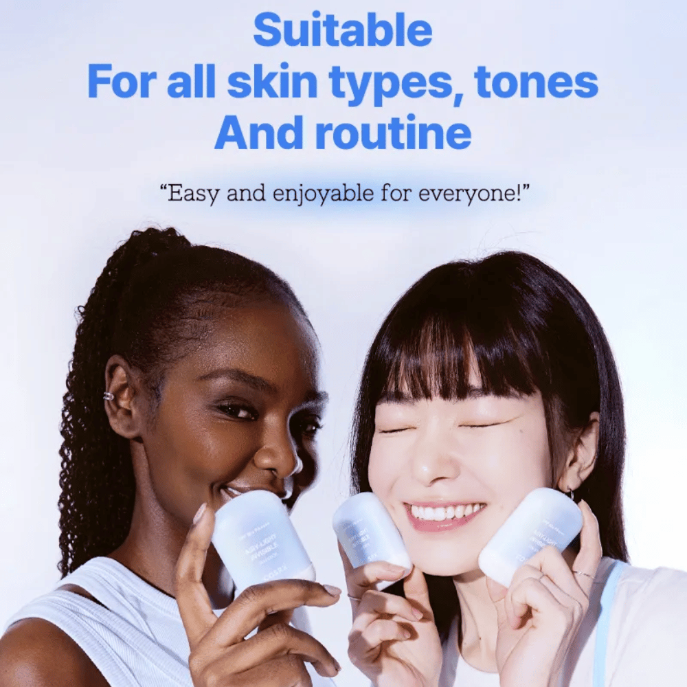 Two people showcase COSRX Airy-Light Invisible Sun Stick – light sun protection that suits all skin types, tones, and routines.