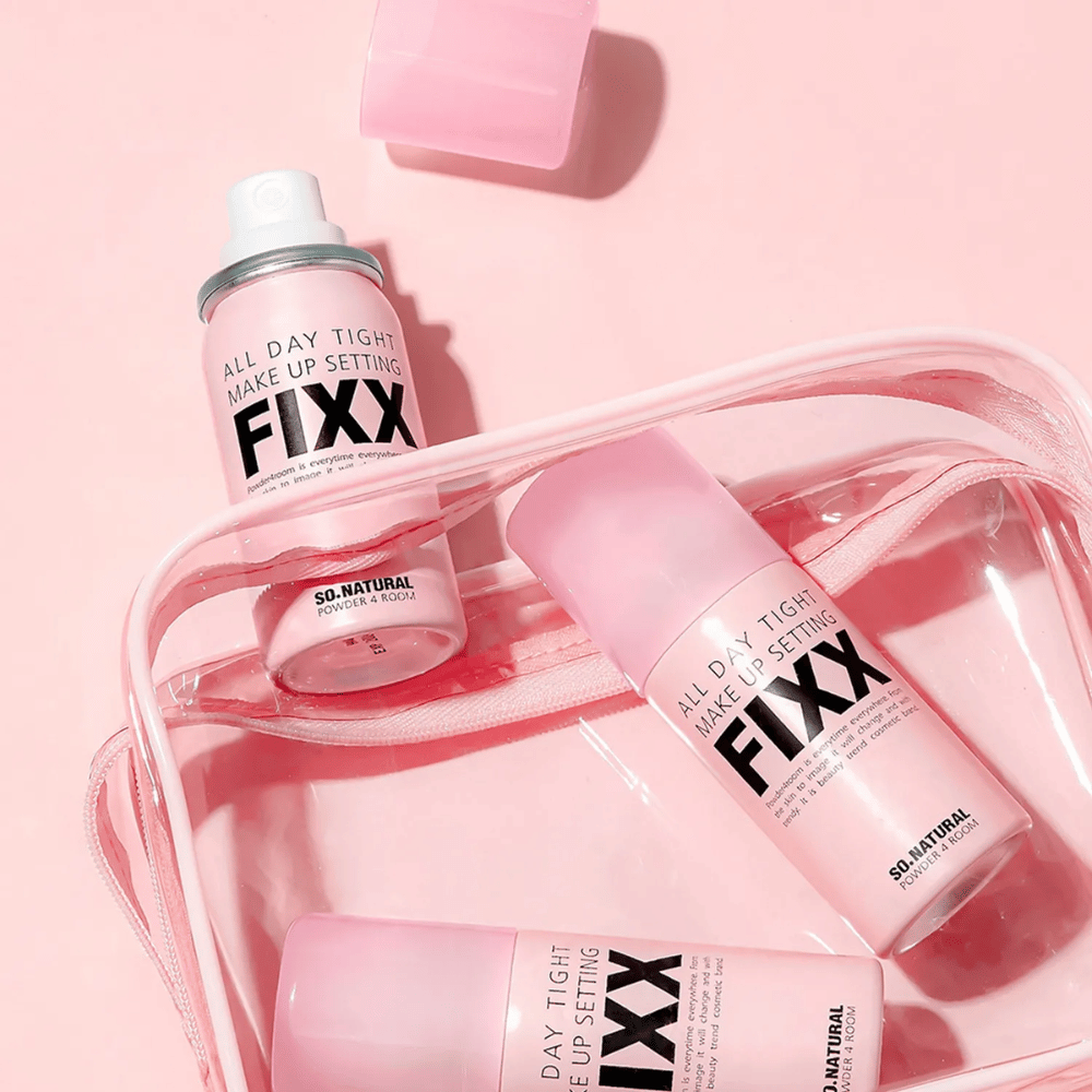 1. So Natural All Day Tight Make Up Setting Fixx – pink makeup setting spray in a toiletry bag