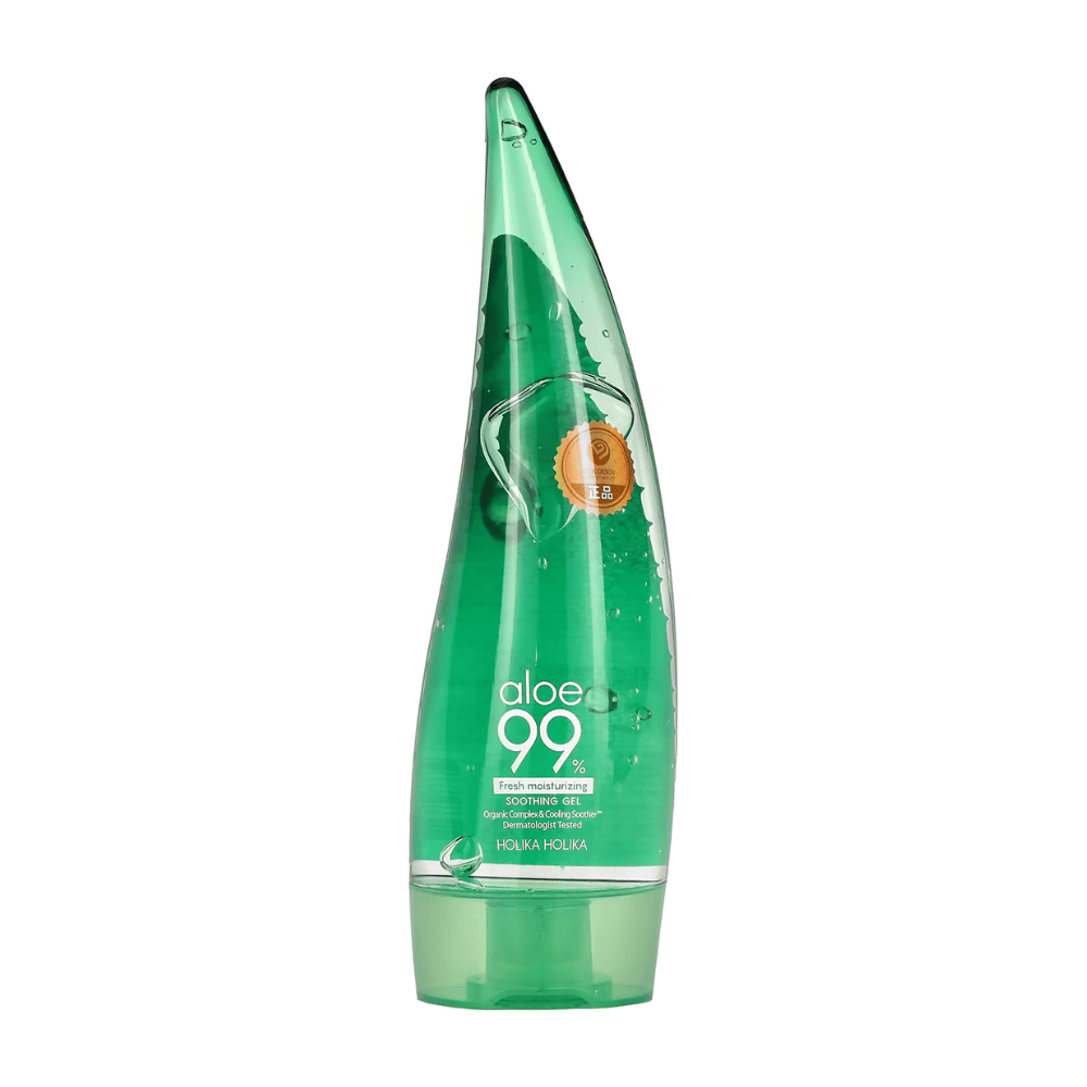 A green, aloe-shaped bottle with Holika Holika Aloe 99% Soothing Gel. The bottle contains soothing gel and has text describing the product's moisturizing and soothing properties.