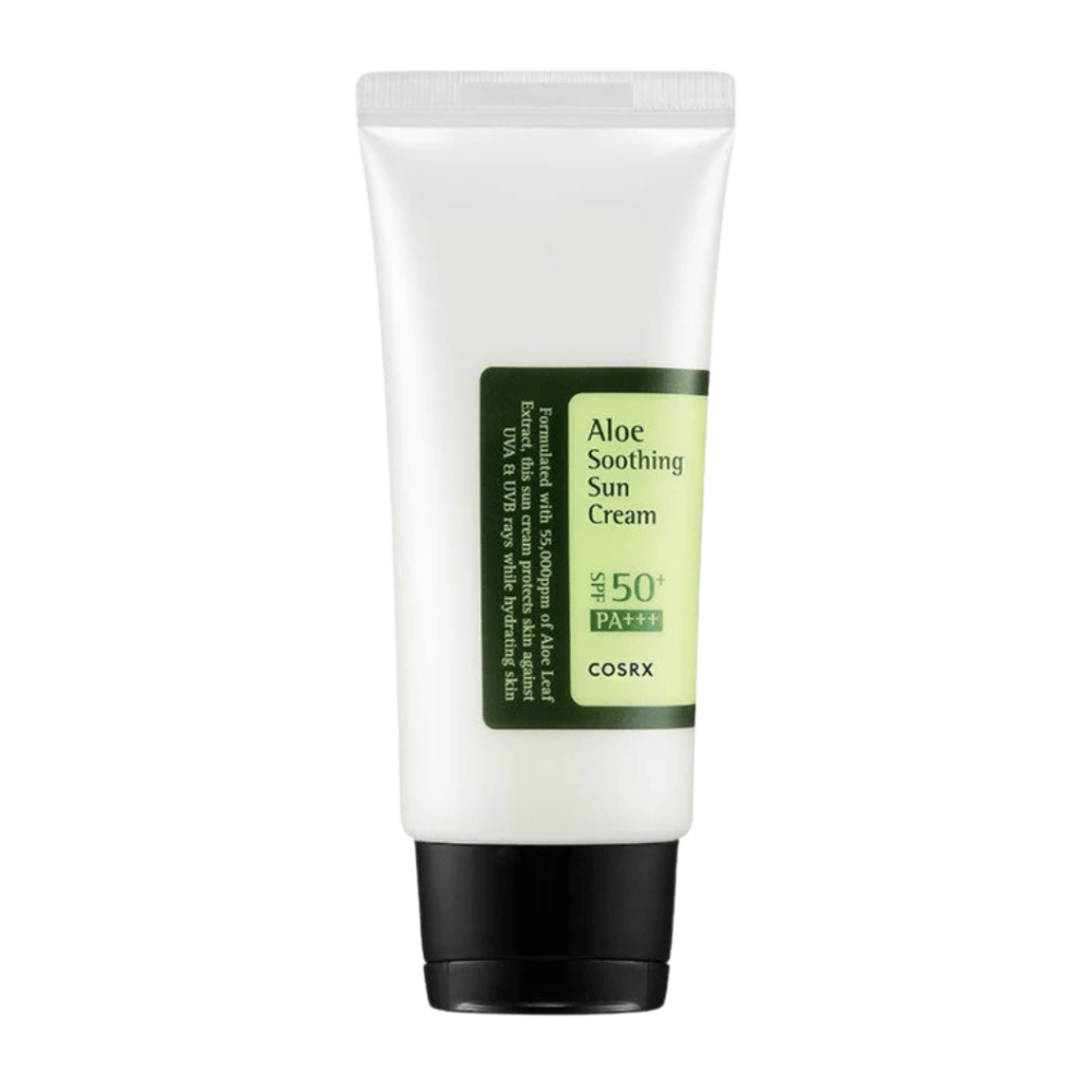 COSRX Aloe Soothing Sun Cream SPF 50+ PA+++ in a white tube with a black cap – sunscreen with aloe vera that protects and soothes the skin.