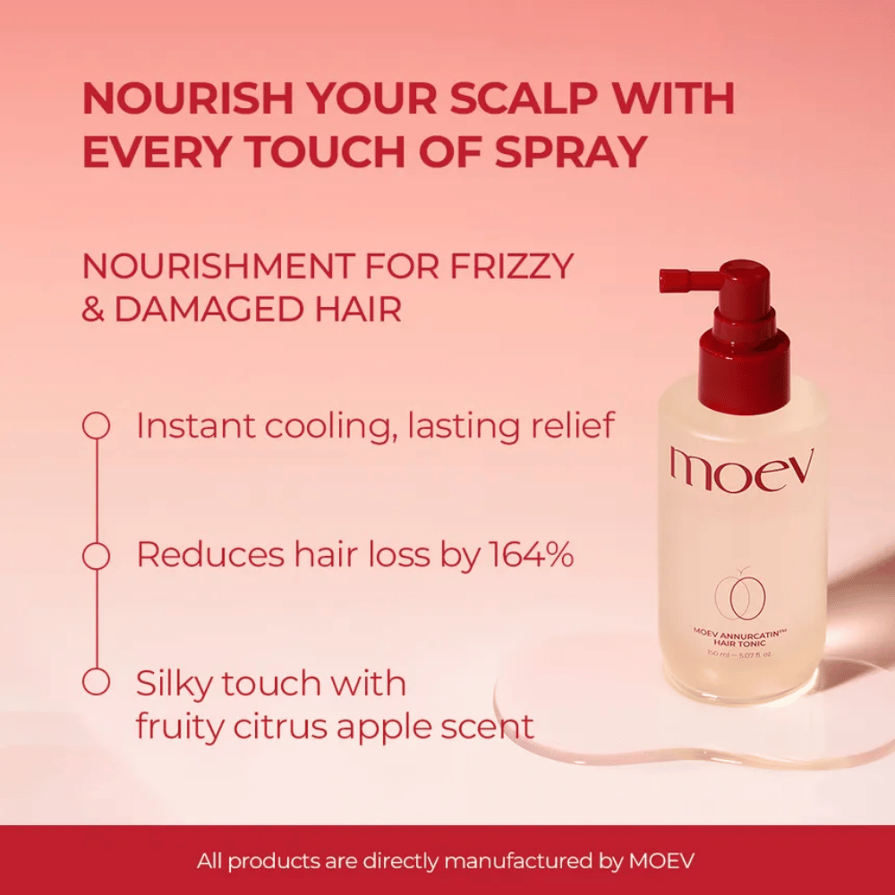 MOEV Annurcatin Hair Tonic – nourishing spray that reduces hair loss, cools the scalp, and provides a fresh citrus scent.