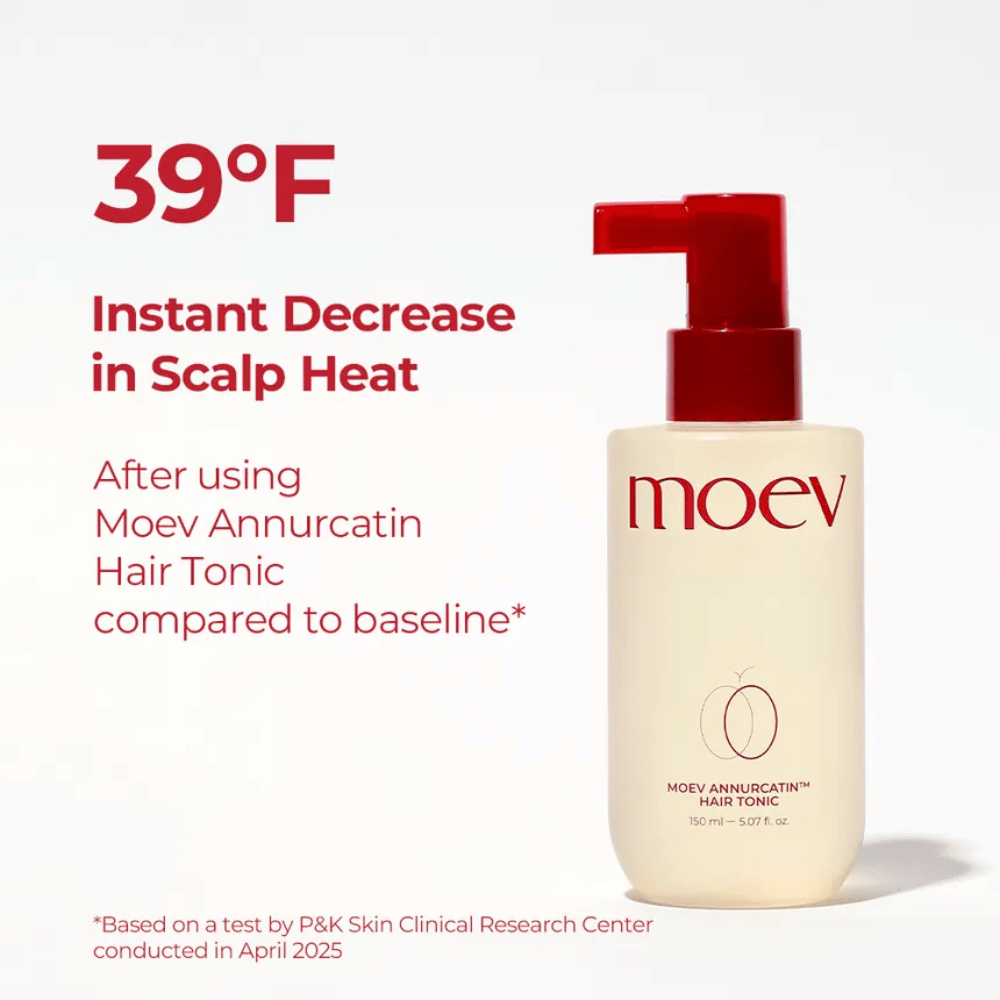 MOEV Annurcatin Hair Tonic – clinically tested hair care that cools the scalp and reduces heat by up to 39°F for healthier hair.