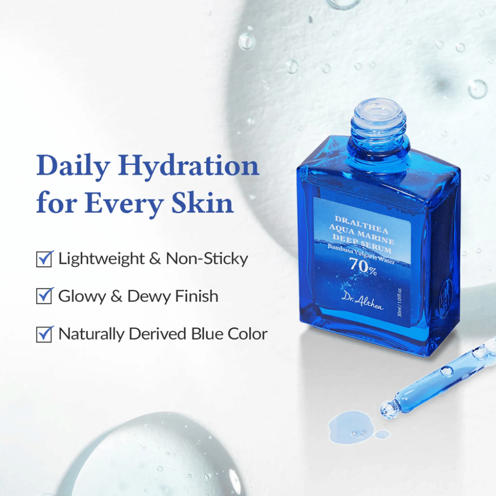 Dr. Althea Aqua Marine Deep Serum in blue glass bottle with pipette, lightweight and non-sticky formula that provides daily hydration, glowing and dewy finish, and natural blue color for all skin types.