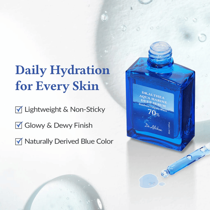Dr. Althea Aqua Marine Deep Serum in blue glass bottle with pipette, lightweight and non-sticky formula that provides daily hydration, glowing and dewy finish, and natural blue color for all skin types.