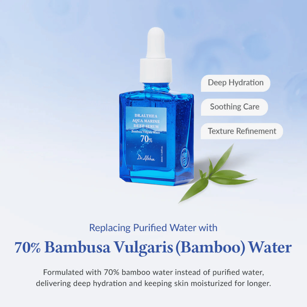 Dr. Althea Aqua Marine Deep Serum in blue glass bottle with pipette, formulated with 70% Bambusa Vulgaris (bamboo) water for deep hydration, soothing care, and improved skin texture.