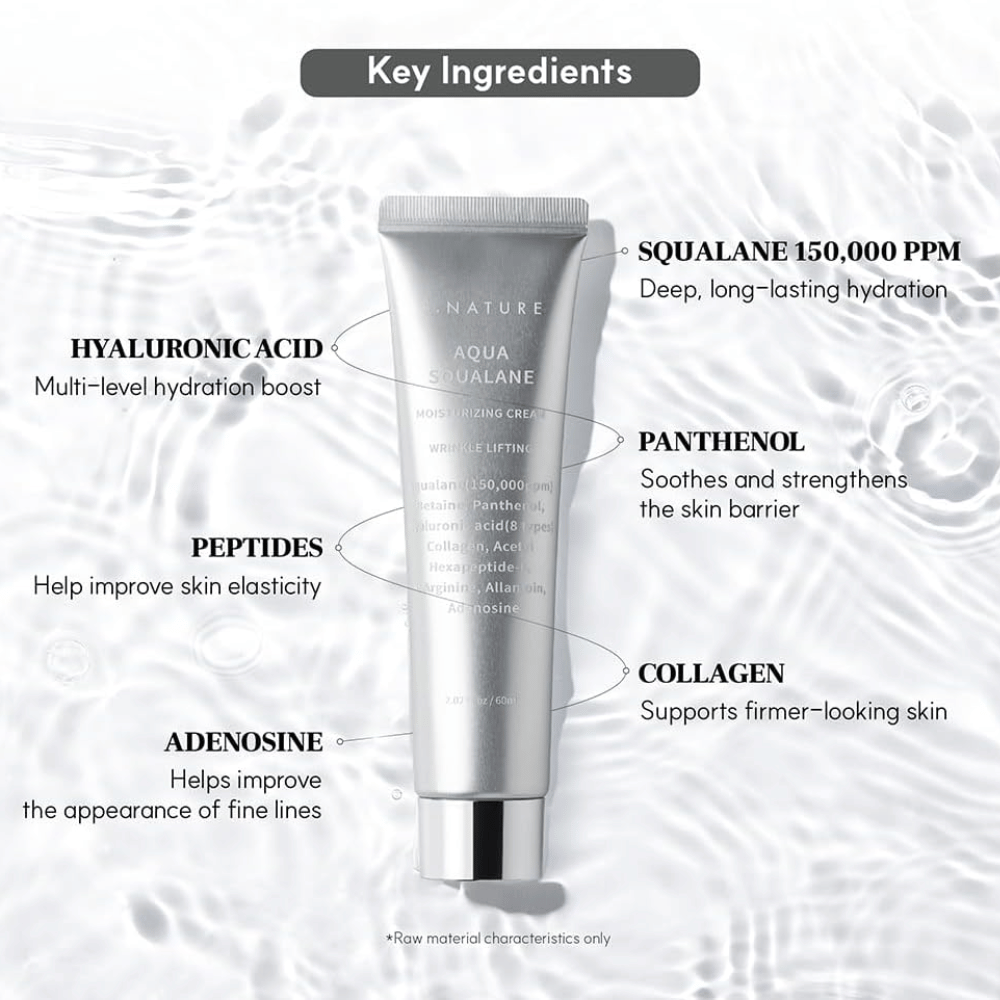 S.NATURE Aqua Squalane Moisturizing Cream with squalane, hyaluronic acid, panthenol, peptides, and collagen for hydrated and supple skin.