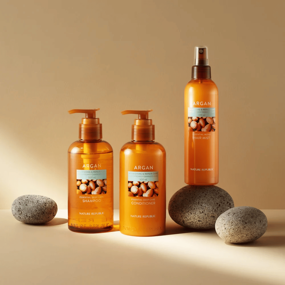 Nature Republic Argan series with shampoo, conditioner, and hair mist for damaged hair – enriched with argan oil for shine and nourishment.