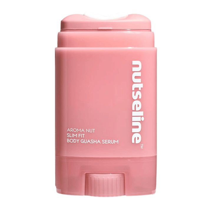Clean cutout product image of Nuseline Aroma Nut Slim Fit Body Guasha Serum on a light background with focus on the packaging design.