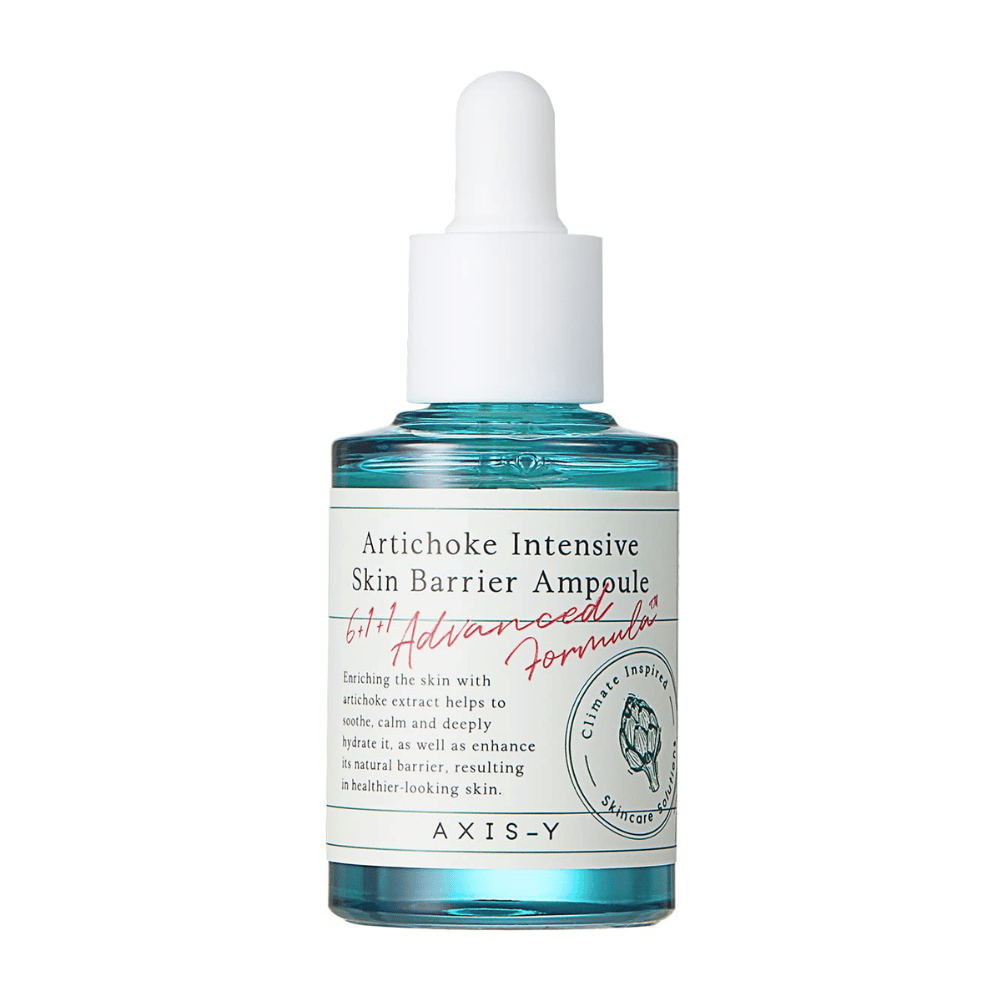 A bottle of skincare serum labeled "Artichoke Intensive Skin Barrier Ampoule" from AXIS-Y.