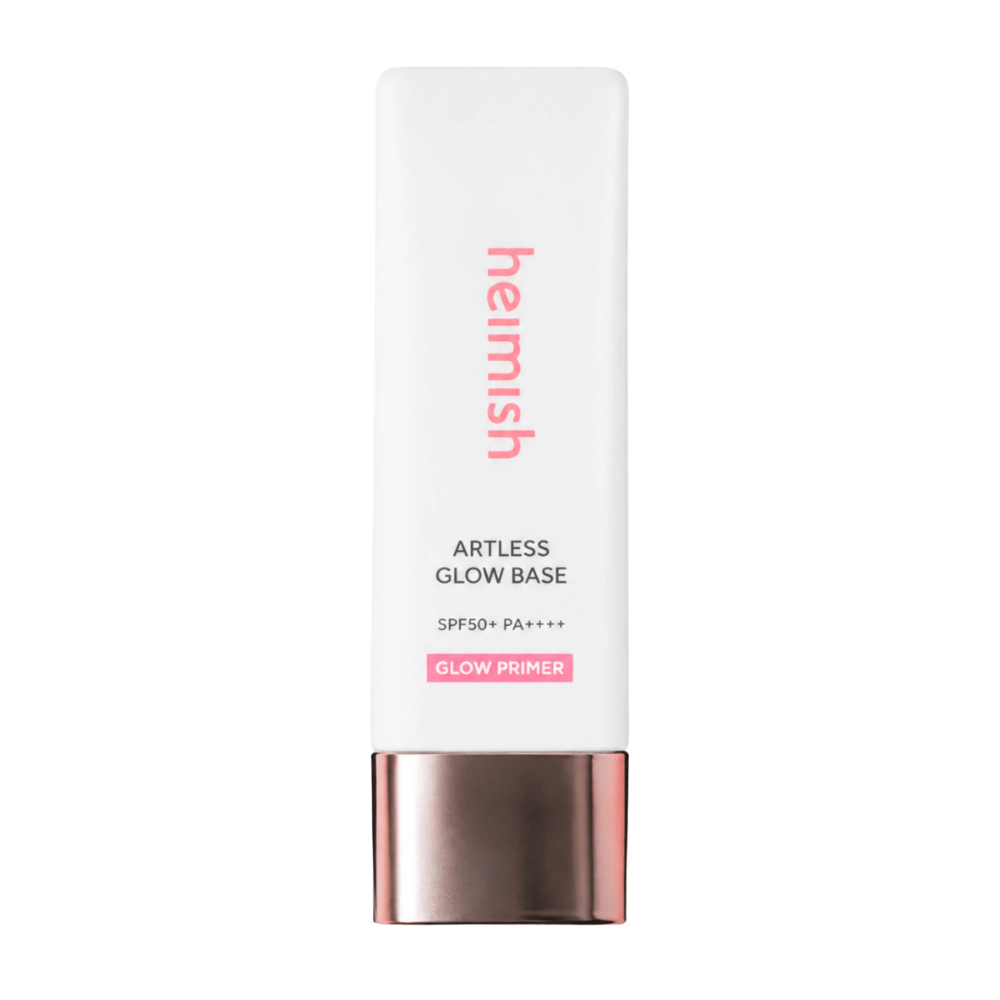 Heimish Artless Glow Base SPF50+ PA++++ – Korean glow primer and sun protection in white packaging with a rose-gold cap.