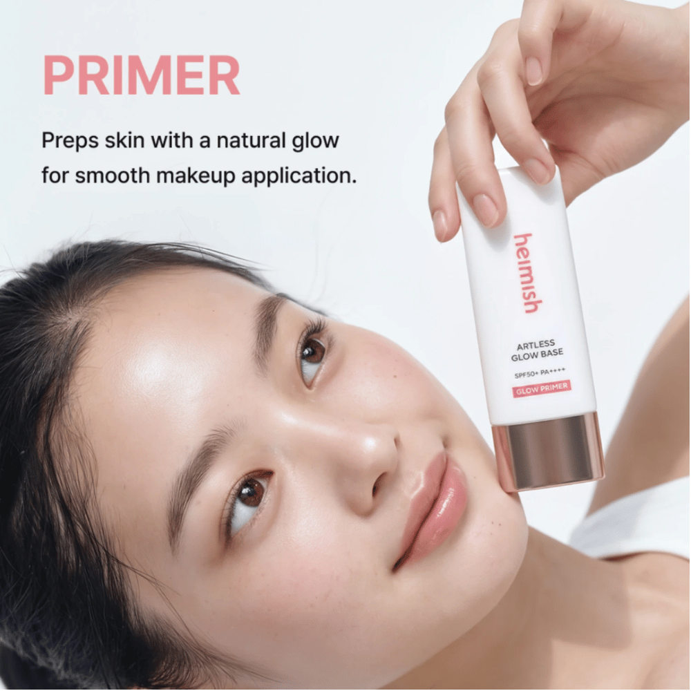 Heimish Artless Glow Base SPF50+ PA++++ is used as primer before makeup for an even base with a natural glow.