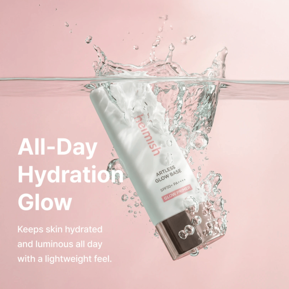 Heimish Artless Glow Base SPF50+ PA++++ – hydrating sun protection and glow primer with a lightweight formula for radiance all day.