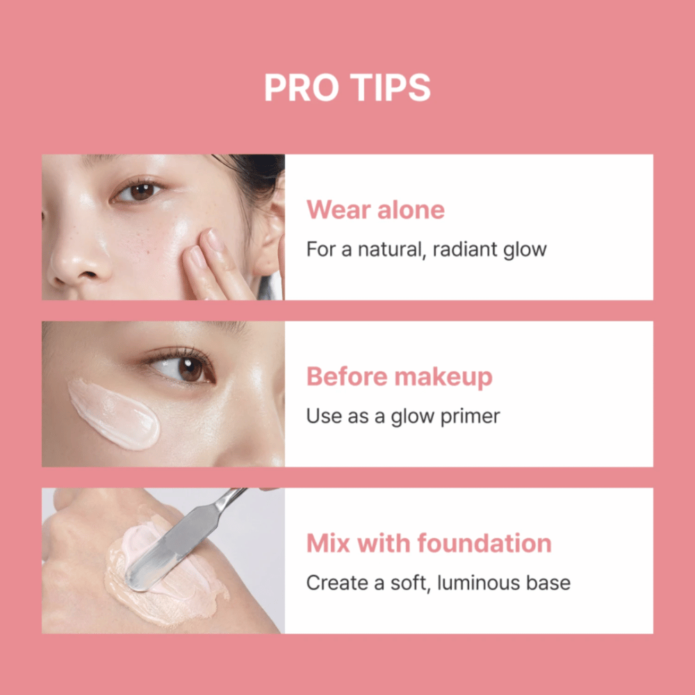 Heimish Artless Glow Base – three ways to use glow primer: alone, before makeup, or mixed with foundation for extra radiance.