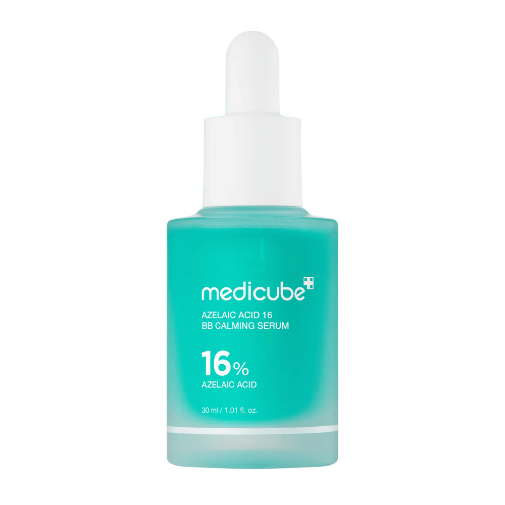 Cut-out product image of Medicube Azelaic Acid 16 BB Calming Serum with 16% azelaic acid in a turquoise bottle with a dropper for soothing and balancing skincare.