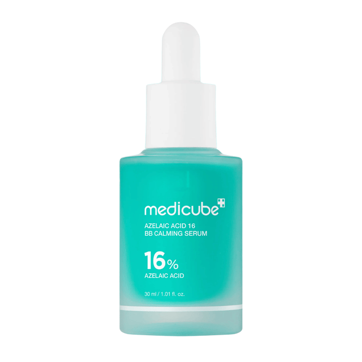 Cut-out product image of Medicube Azelaic Acid 16 BB Calming Serum with 16% azelaic acid in a turquoise bottle with a dropper for soothing and balancing skincare.