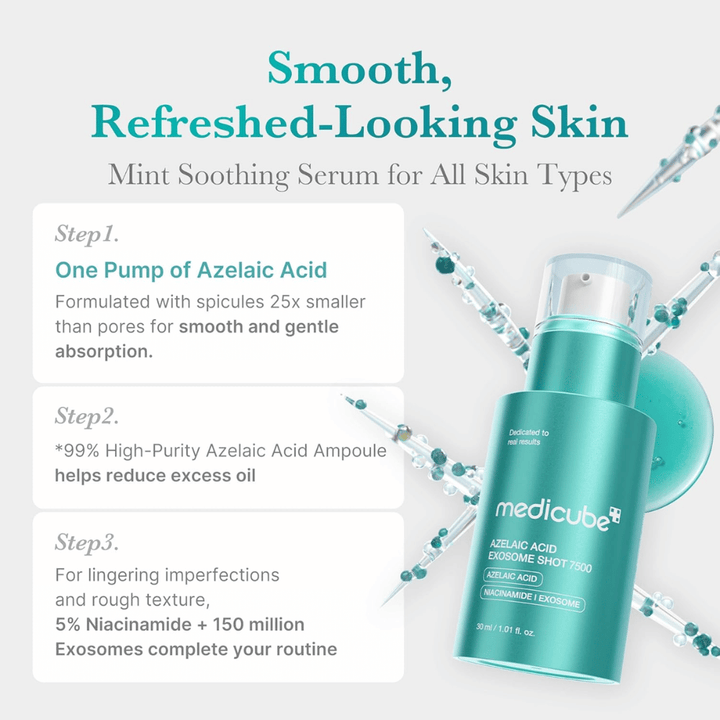 Informational image describing the serum's properties for providing more even and clearer skin. The text highlights azelaic acid, spicules that are significantly smaller than pores for effective absorption, as well as niacinamide and exosomes that help reduce excess oil and improve skin texture.