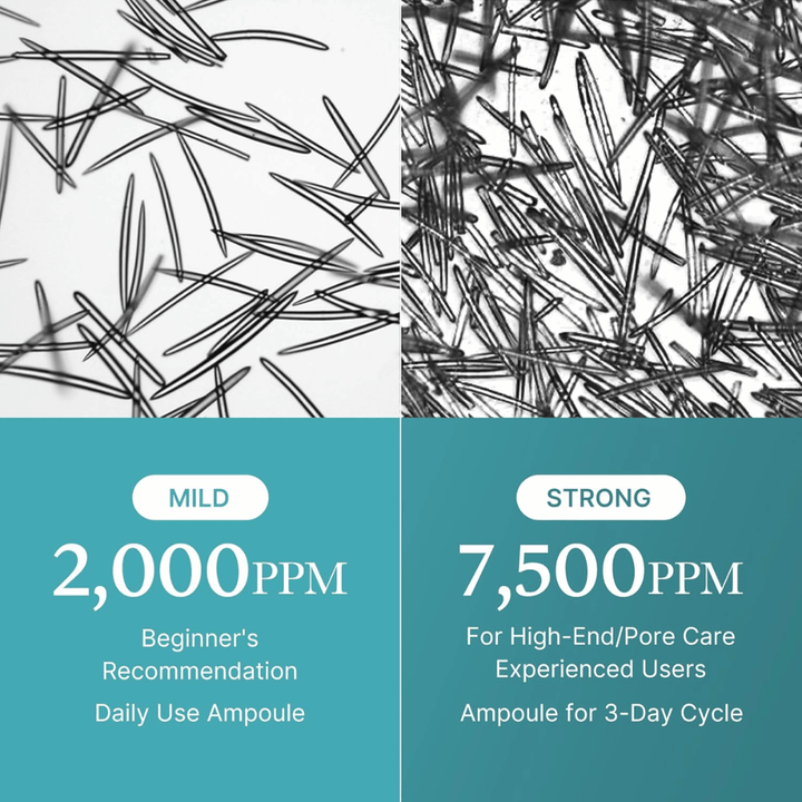 Comparison image showing two levels of micronized spicules in the Azelaic Acid Exosome Shot series. On the left, the milder variant with 2,000 ppm for beginners and daily use is shown, while the right side shows the stronger 7,500 ppm version developed for experienced users and intensive pore care. The image illustrates the higher concentration of spicules in the stronger formula.