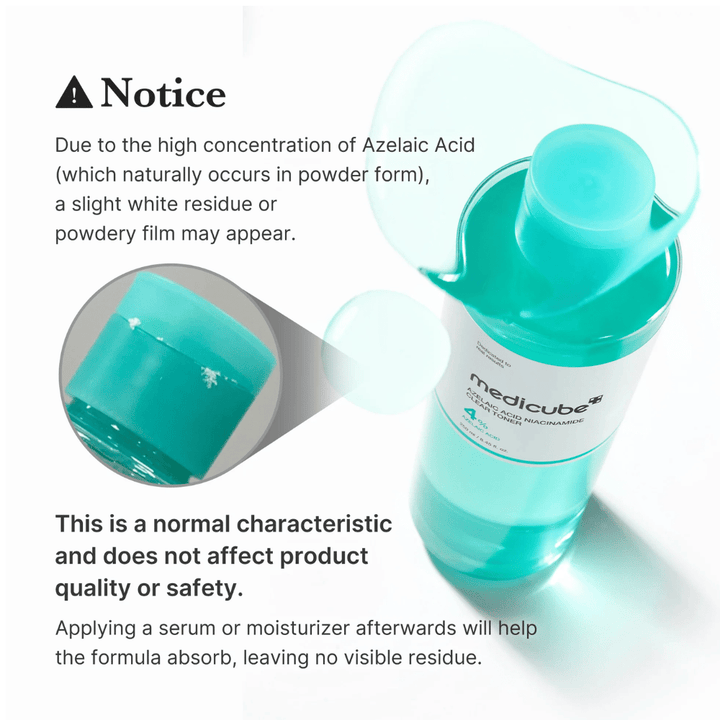 Medicube Azelaic Acid Niacinamide Clear Toner showing natural crystal residues from azelaic acid and explaining that this is normal and does not affect the product's quality or safety.
