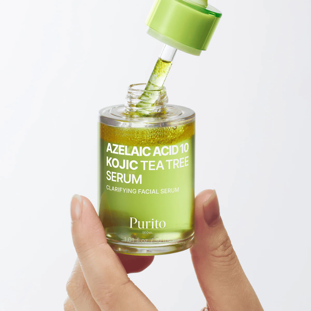 Purito Azelaic Acid 10 Kojic Tea Tree Serum – light serum with pipette. Contains azelaic acid, kojic acid, and tea tree for clearer skin.